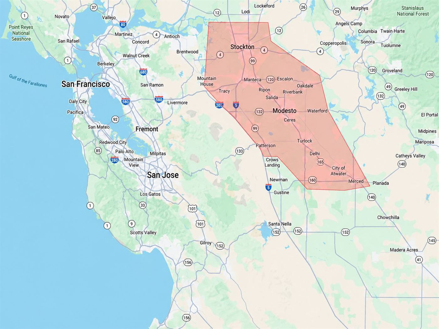 Cornerstone Pest Management service area map covering Stanislaus, San Joaquin and Merced counties